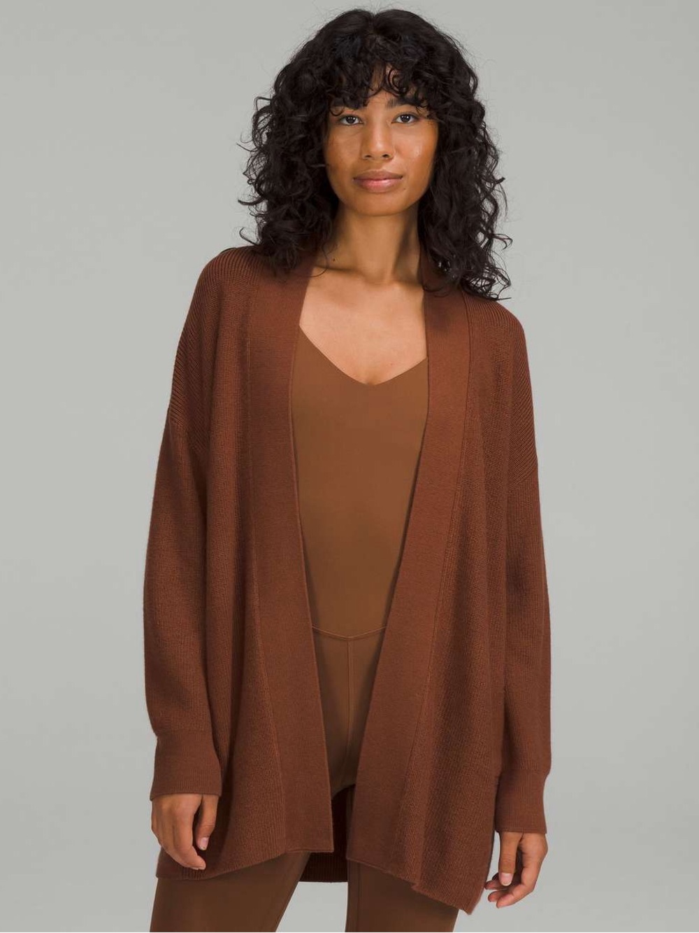 lululemon athletica Open-Front Rust Brown Cardigan merino wool in roasted brown